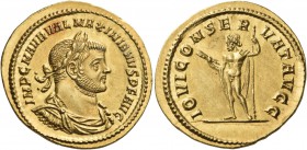 Maximianus Herculius, first reign, 286-305. Aureus (Gold, 22 mm, 5.63 g, 6 h), Rome, 286. IMP C M AVR VAL MAXIMIANVS P F AVG Laureate, draped and cuir...