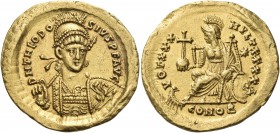 Theodosius II, 402-450. Solidus (Gold, 21 mm, 4.49 g, 7 h), Constantinople, 1st officina, 430-440. D N THEODO-SIVS P F AVG Pearl-diademed, helmeted an...