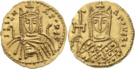 Irene, 797-802. Solidus (Gold, 20 mm, 3.89 g, 6 h), Syracuse, c. 797/8. IRIEN AΓOVST Bust of Irene facing, wearing chlamys and crown with pendilia and...