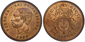 Cambodge, Norodom Ier (1860-1904), 10 centimes, 1860, AE 10 g.
Réf: KM# 43
Conservation: PCGS PR62RB