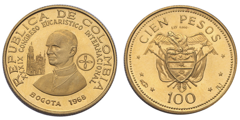 Colombie, 100 Pesos or Congrès Eucharistique International, Bogota, 1968, AU 4,3...