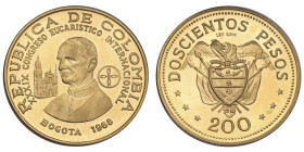 Colombie, 200 pesos or Congrès Eucharistique International, Bogota, 1968
AU 8,60 g. 900‰ 
Ref: KM20/232
Conservation: proof
