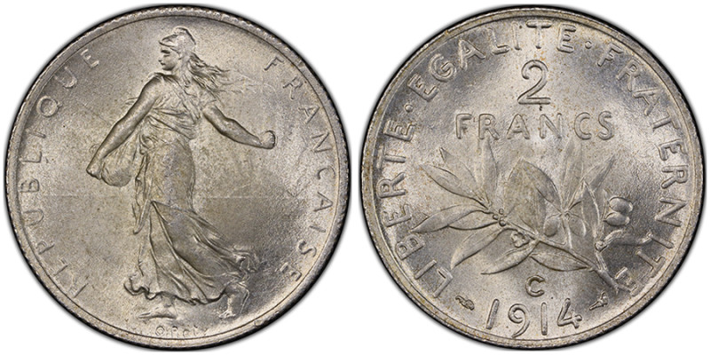 France, Troisième République (1870-1940), 2 francs Semeuse, 1914-C, AG 10 g.
Réf...