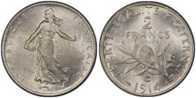 France, Troisième République (1870-1940), 2 francs Semeuse, 1914-C, AG 10 g.
Réf: Gad# 532, KM# 845.1, KM# 845.2
Conservation: PCGS MS63