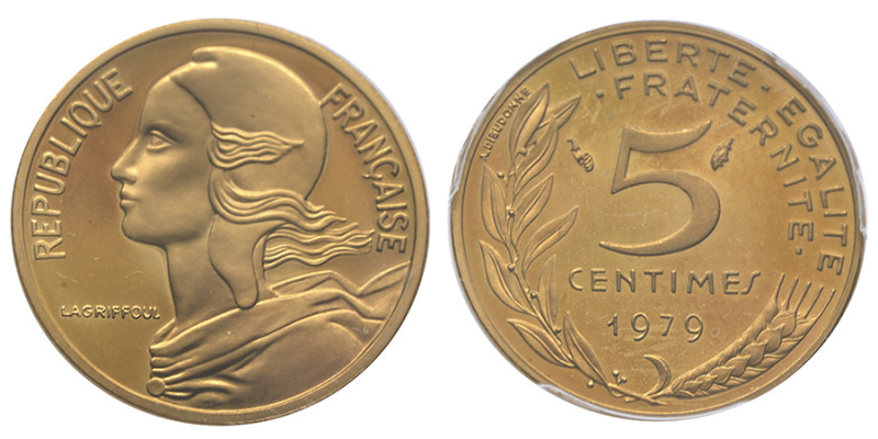 France, Cinquième République (1958-présent), 5 centimes Marianne Piéfort, 1979, ...