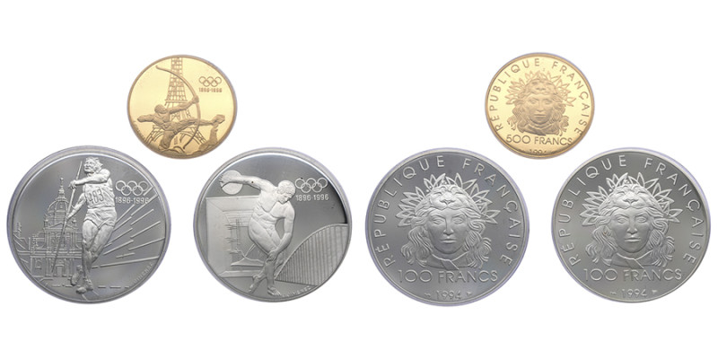 France, 500 francs / 100 francs (x2) - Centenaire du C.I.O 1994 Paris, 1996, AU ...