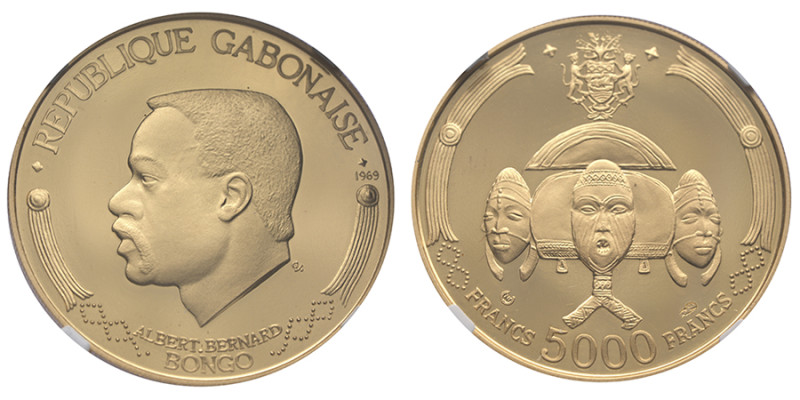 Gabon, République (1960-présent), 5000 francs Bongo, 1969NI, AU 17,50 g. 900‰
Ré...