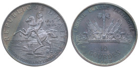 Haïti, Deuxième République (1957-1986), 10 gourdes, 1967IC, AG 47.05 g.
Réf: KM# 65.1, KM# 65.2
Conservation: NGC PF 66 ULTRA CAMEO