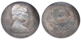Îles Cook, Élisabeth II (1952-2022), 2 dollars - Elizabeth II 2° effigie ; Couronnement, 1973, AG 25,7 g.
Réf: KM# 8
Conservation: PCGS PR66DCAM