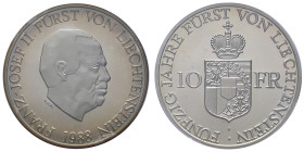 Liechtenstein, Franz Josef II (1938-1989), 10 francs François Joseph II Jubilé d'or, 1988, AG 30 g.
Réf: Y# 20
Conservation: PCGS PR67DCAM
