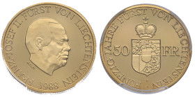 Liechtenstein, Franz Josef II (1938-1989), 50 francs François Joseph II Jubilé d'or, 1988, AU 10 g. 900‰
Réf: Y# 21
Conservation: PCGS PR70DCAM