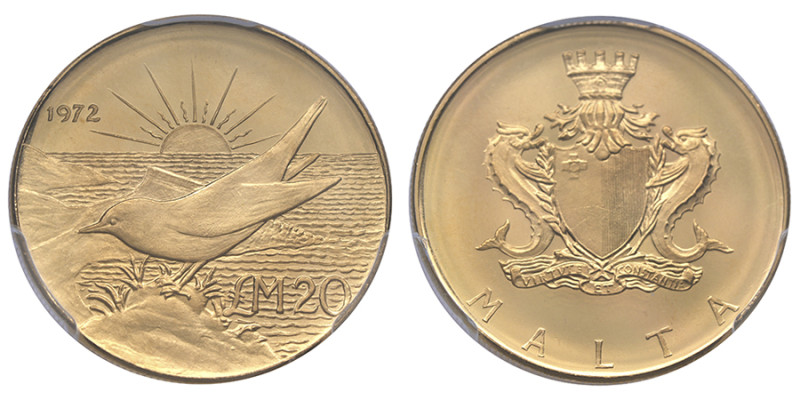 Malta, Elizabeth II (1952-1974), 20 pounds, Merrill / Blue Rock Thrush, 1972, AU...