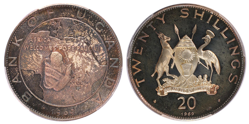 Ouganda, République (1962-présent), 20 shillings Paul VI, 1969, AG 40 g.
Réf: 	K...