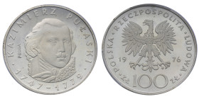 Pologne, 	République populaire (1952-1989), 100 Złotych Kazimierz Pułaski, Essai, 1976, AG 16,5 g.
Réf: 	KM# Pr281
Conservation: PCGS SP66