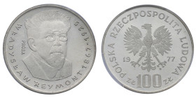 Pologne, 	République populaire (1952-1989), 100 Złotyc Władyslaw Reymont, Essai, 1977-MW, AG 16,5 g.
Réf: 	KM# Pr301
Conservation: PCGS SP66