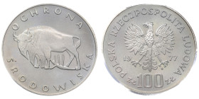 Pologne, 	République populaire (1952-1989), 100 zlotych Bison, 1977-MW, AG 16,5 g.
Réf: 		Y# 87
Conservation: PCGS PR68DCAM