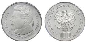 Pologne, 	République populaire (1952-1989), 100 Złotyc Władyslaw Reymont, 1977-MW, AG 16,5 g.
Réf: 			KM# Pr303
Conservation: PCGS SP66