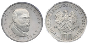 Pologne, 	République populaire (1952-1989), 100 zlotych Janusz Korczak, 1978-MW, AG 16,5 g.
Réf: KM# Pr335
Conservation: PCGS SP67