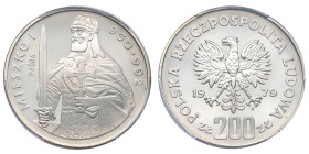 Pologne, République populaire (1952-1989), 200 Złotych Le duc Mieszko Ier, 1979-MW, 	AG 17,6 g.
Réf: 	KM# Pr365
Conservation: PCGS SP67