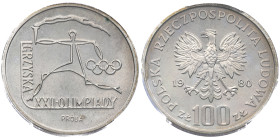 Pologne, 	République populaire (1952-1989), 100 Złotych XXII Olympic Games, 1980-MW, AG 16.5 g.
Réf: 		KM# Pr395
Conservation: PCGS SP66