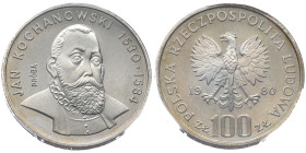 Pologne, République populaire (1952-1989), 100 Złotych Jan Kochanowski, 1980-MW, 	 AG 16.5 g.
Réf:	KM# Pr403
Conservation: PCGS SP67
