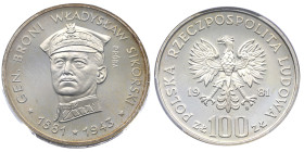 Pologne, 	République populaire (1952-1989), 100 Złotych general Wladyslaw Sikorski, 1981-MW, AG 16.5 g.
Réf:	KM# Pr442
Conservation: PCGS SP67