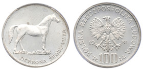 Pologne, 	République populaire (1952-1989), 100 Złotych Horse, 1981-MW, AG 16.5 g.
Réf:		Y# 126
Conservation: PCGS PR65DCAM