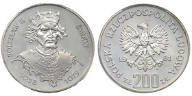 Pologne,	République populaire (1952-1989), 200 Złotych Bolesław II Smialy, 1981-MW, AG 17.6 g.
Réf:		Y# 125
Conservation: PCGS PR65DCAM