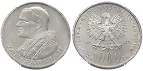 Pologne, République populaire (1952-1989), 1000 zlotych Jean Paul II, 1982 MW, AG 14.5 g.
Réf:				Y# 144
Conservation: PCGS MS67