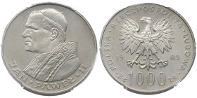 Pologne, République populaire (1952-1989), 1000 zlotych Jean Paul II, 1983 MW, 	 AG 14.5 g.
Réf:				Y# 144
Conservation: PCGS MS67