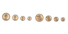 Royaume-Uni, Elizabeth II, coffret avec 4 monnaies en or, 5 pounds (39,94 g.), 2 pounds (15,98 g.), Sovereign (7,98 g.) et 1/2 sovereign (3,99 g.) 198...