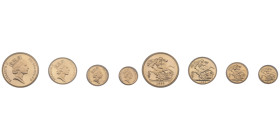 Royaume-Uni, coffret avec 4 monnaies en or, 5 pounds (39,94 g.), 2 pounds (15,98 g.), Sovereign (7,98 g.) et 1/2 sovereign (3,99 g.) 1985, AU 67,89 g....
