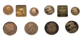 Royaume-Uni, coffret avec 5 monnaies en or 1995, 1/2 Sovereign 3.99 g., lingot "Elizabeth R 1995" 10.14 g, sovereign 8 g., Double Sovereign 16 g. 1988...