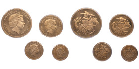 Royaume-Uni, coffret 2005 avec 4 monnaies en or, 1/2 sovereign, 3,99 g.; Sovereign 7,98 g.; Two pounds, 15,97 g.; 5 pounds 39,94 g., 917‰ 
Réf: KM# 10...