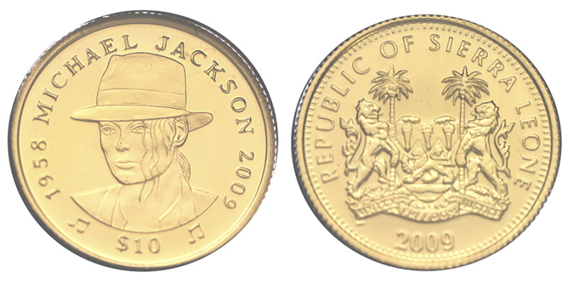 Sierra Leone, 10 DOLLARS-Michael Jackson 2009, AU 1,24 g., 999‰, en coffret
Cons...