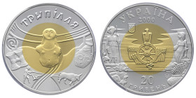 Ukraine, 20 Hryven Trypillia, Banque national d'Ukraine, 2000, Bimetallic: gold 5,81 gram 916‰ centre in silver 8,42 gram 925 ‰ ring 14,7 g.
Réf: 	KM#...