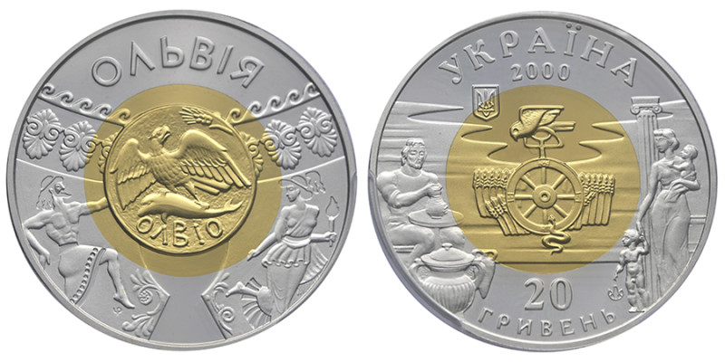 Ukraine, 20 Hryven Olbia, Banque national d'Ukraine, 2000 Bimetallic: gold 5,81 ...