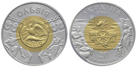 Ukraine, 20 Hryven Olbia, Banque national d'Ukraine, 2000 Bimetallic: gold 5,81 gram 916‰ centre in silver 8,42 gram 925 ‰ ring 14,7 g.
Réf: 	KM# 128
...