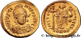 JUSTIN I
Type : Solidus 
Date : c. 522-527 
Mint name / Town : Constantinople 
Metal : gold 
Millesimal fineness : 1.000  ‰
Diameter : 19,5  mm
Orient...