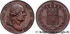 LOUIS XVIII
Type : Essai de 40 francs par Tiolier 
Date : 1815 
Mint name / Town : Paris 
Quantity minted : --- 
Metal : bronze 
Diameter : 26  mm
Ori...