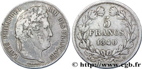 LOUIS-PHILIPPE I
Type : 5 francs IIe type Domard 
Date : 1840 
Mint name / Town : Lyon 
Quantity minted : 69755 
Metal : silver 
Millesimal fineness :...