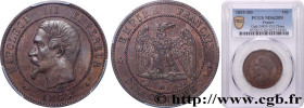 SECOND EMPIRE
Type : Dix centimes Napoléon III, tête nue 
Date : 1855 
Mint name / Town : Strasbourg 
Quantity minted : 3957986 
Metal : bronze 
Diame...