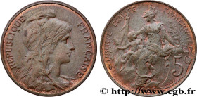 III REPUBLIC
Type : Essai en Bronze de 5 centimes Daniel-Dupuis 
Date : 1908 
Quantity minted : --- 
Metal : bronze 
Diameter : 25  mm
Orientation die...