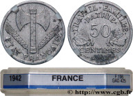 FRENCH STATE
Type : 50 centimes Francisque, légère 
Date : 1942 
Metal : aluminium 
Diameter : 17,96  mm
Orientation dies : 6  h.
Weight : 0,68  g.
Ed...