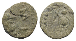 Gaul, Massalia, after 49 BC. Æ (10mm, 1.84g, 9h). Helmeted head of Minerva r. R/ Trophy. Depeyrot 77. Green patina, near VF