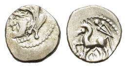 Central Gaul, Bituriges Cubi, c. 1st century BC. AR Quinarius (14mm, 1.90g). Bare male head l. R/ Horse prancing l.; sword above; symbol below. D&T 34...