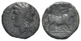Italy, Southern Campania, Neapolis, c. 270-250 BC. Æ (19mm, 4.13g, 1h). Laureate head of Apollo l. R/ Man-headed bull standing r., being crowned by Ni...