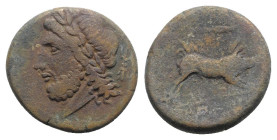 Italy, Northern Apulia, Arpi, 3rd century BC. Æ (22mm, 6.93g, 7h). Laureate head of Zeus l. R/ Boar r.; spear above. HNItaly 642; SNG ANS 635-8. VF / ...
