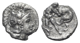 Italy, Southern Apulia, Tarentum, c. 380-325 BC. AR Diobol (12.5mm, 0.89g, 6h). Helmeted head of Athena r., helmet decorated with Skylla. R/ Herakles ...