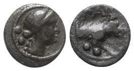 Italy, Northern Lucania, Paestum, c. 218-201 BC. Æ Sextans (13mm, 1.88g, 12h). Head of Ceres r. R/ Forepart of boar r.; two pellets below. Crawford 5/...